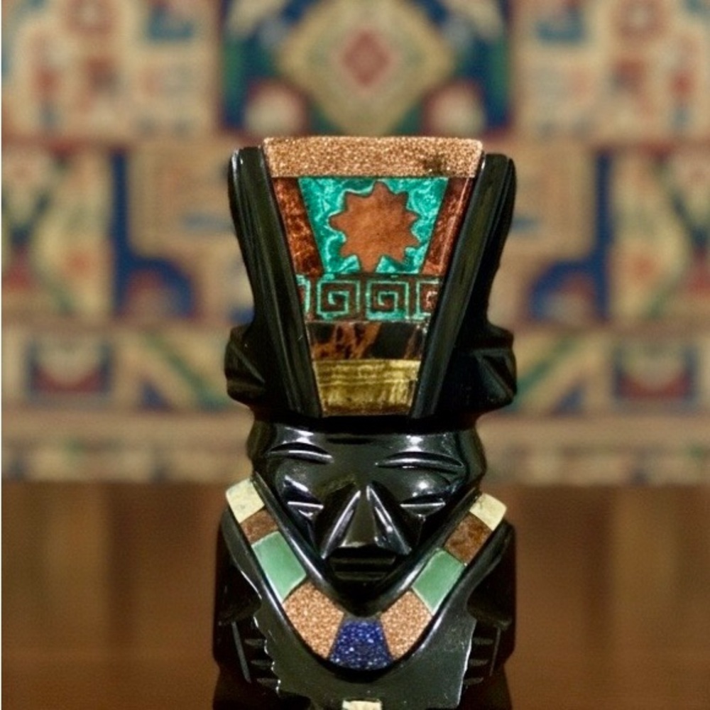 Handcrafted Black Obsidian Aztec Figurine with Turquoise and Copper Accents